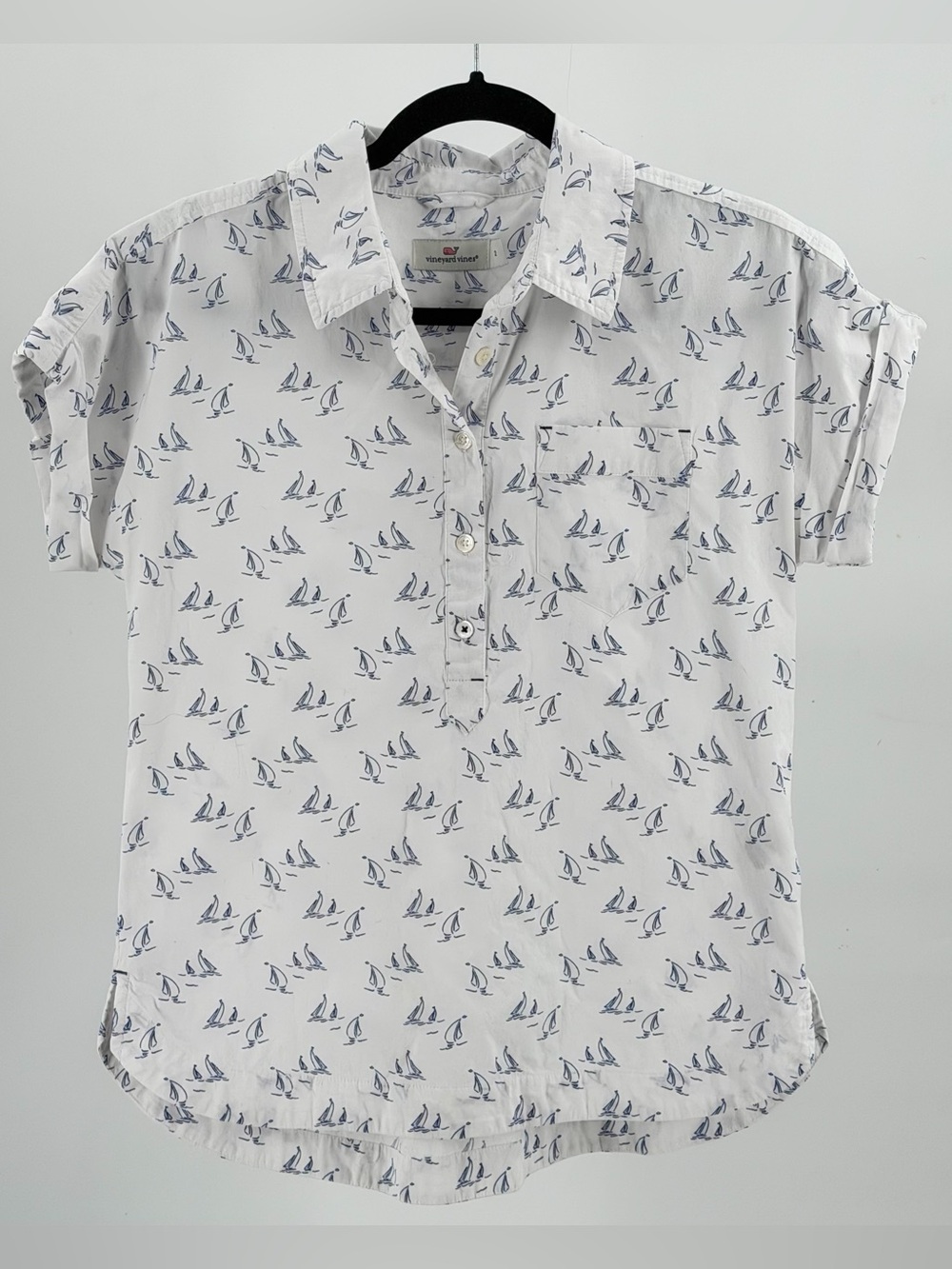 Vineyard Vines White Shirt with Navy Sailboat Print